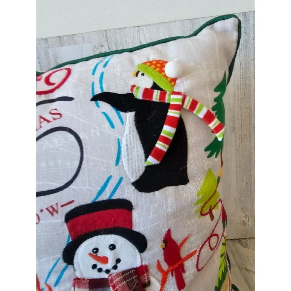 Pier 1 embroidered Xmas snowman North Pole penguin elf pillow decor Xmas 14x14 i